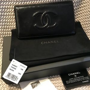 Authentic Chanel black patent caviar long wallet